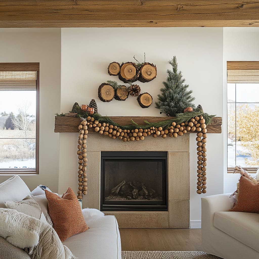 Modern Rustic Mantel with Natural Wood Bead Garland Modern Rustic Mantel with Natural Wood Bead Garland — Simple Christmas Decor