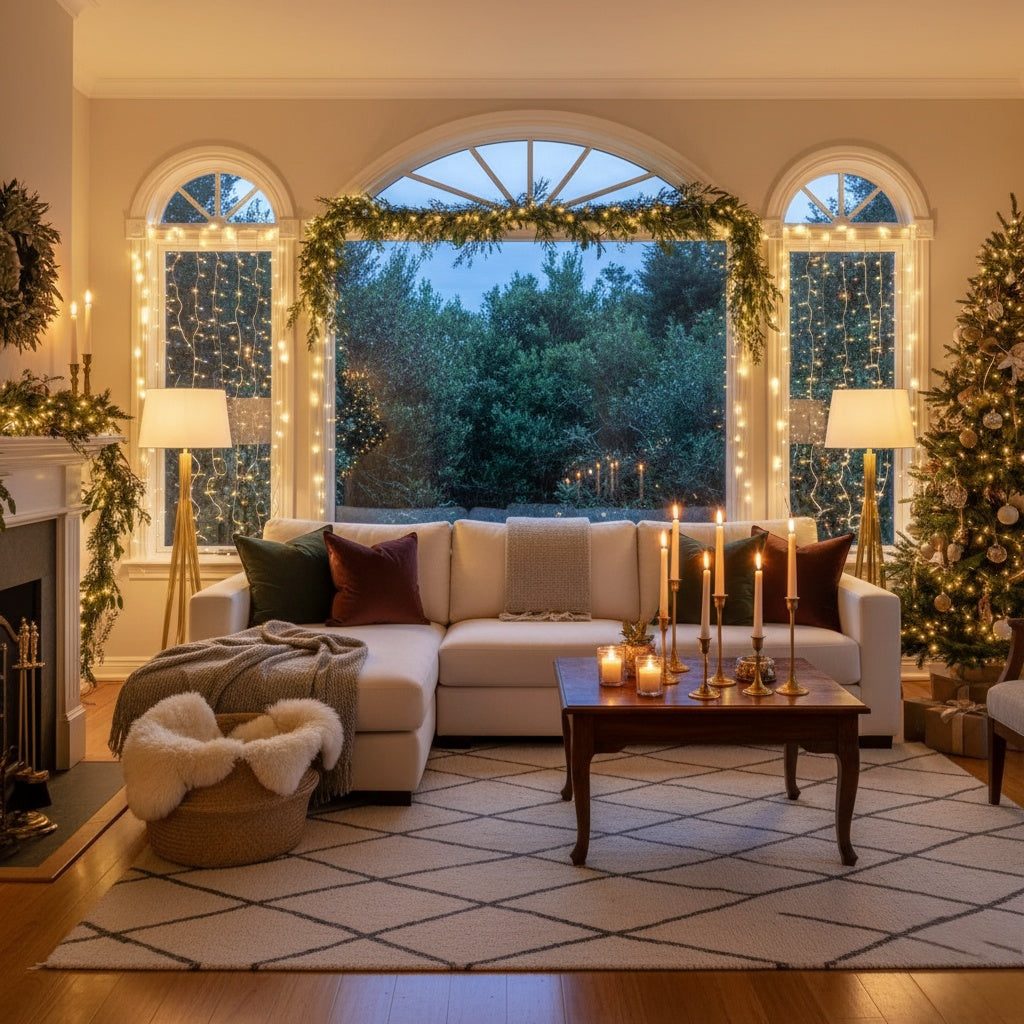 Window Framing with Cascading Fairy Lights — Christmas Fairy Lights Living Room