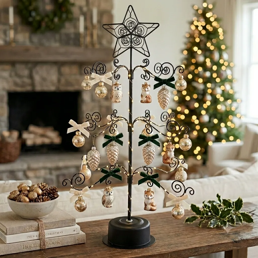 Black Metal Spiral Ornament Tree with Owl and Fox Figurines Black Metal Spiral Ornament Tree with Owl and Fox Figurines — Ornament Christmas Tree