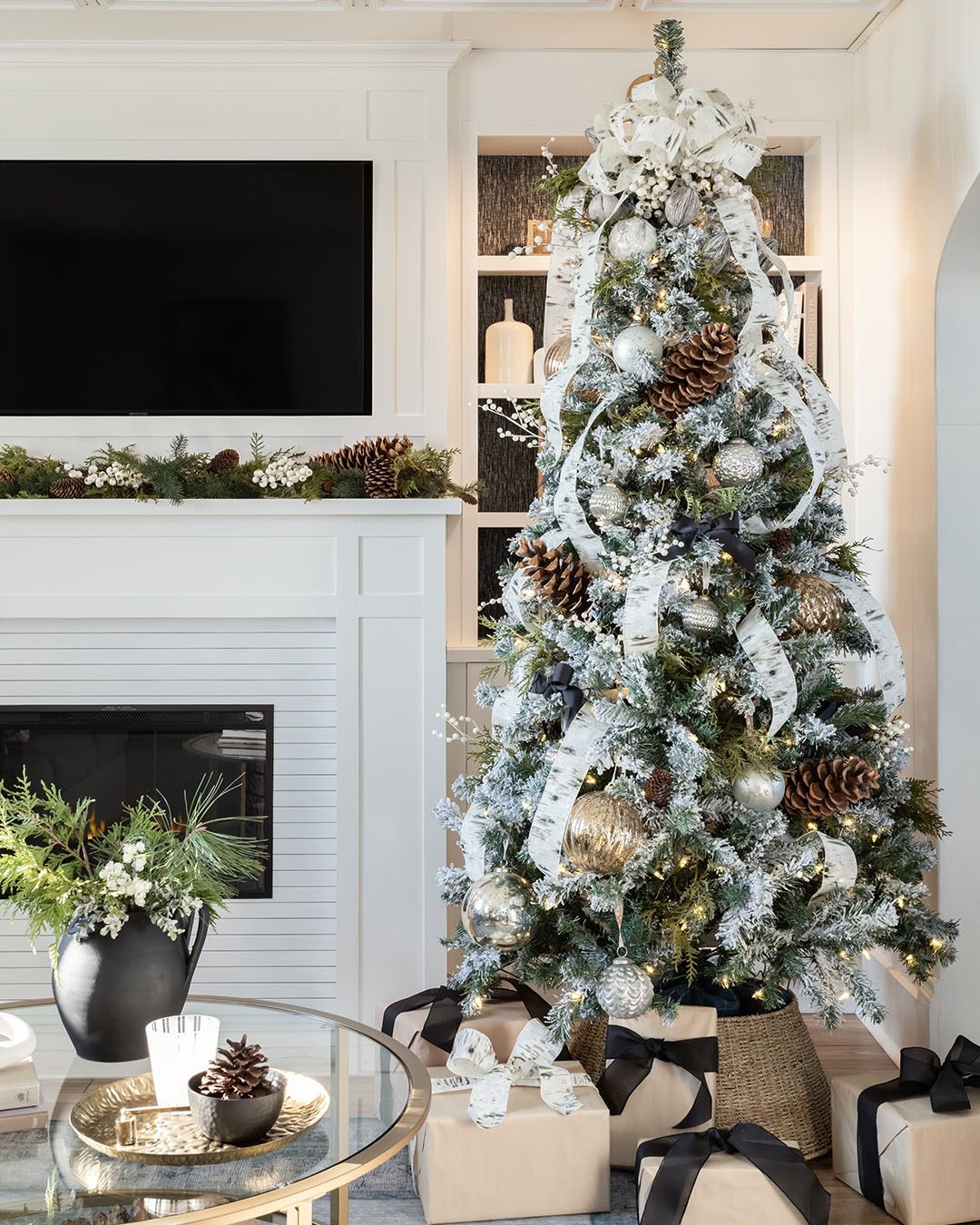 Flocked Christmas Tree with White Ribbon and Natural Pinecones — Vertical Ribbon Christmas Tree
