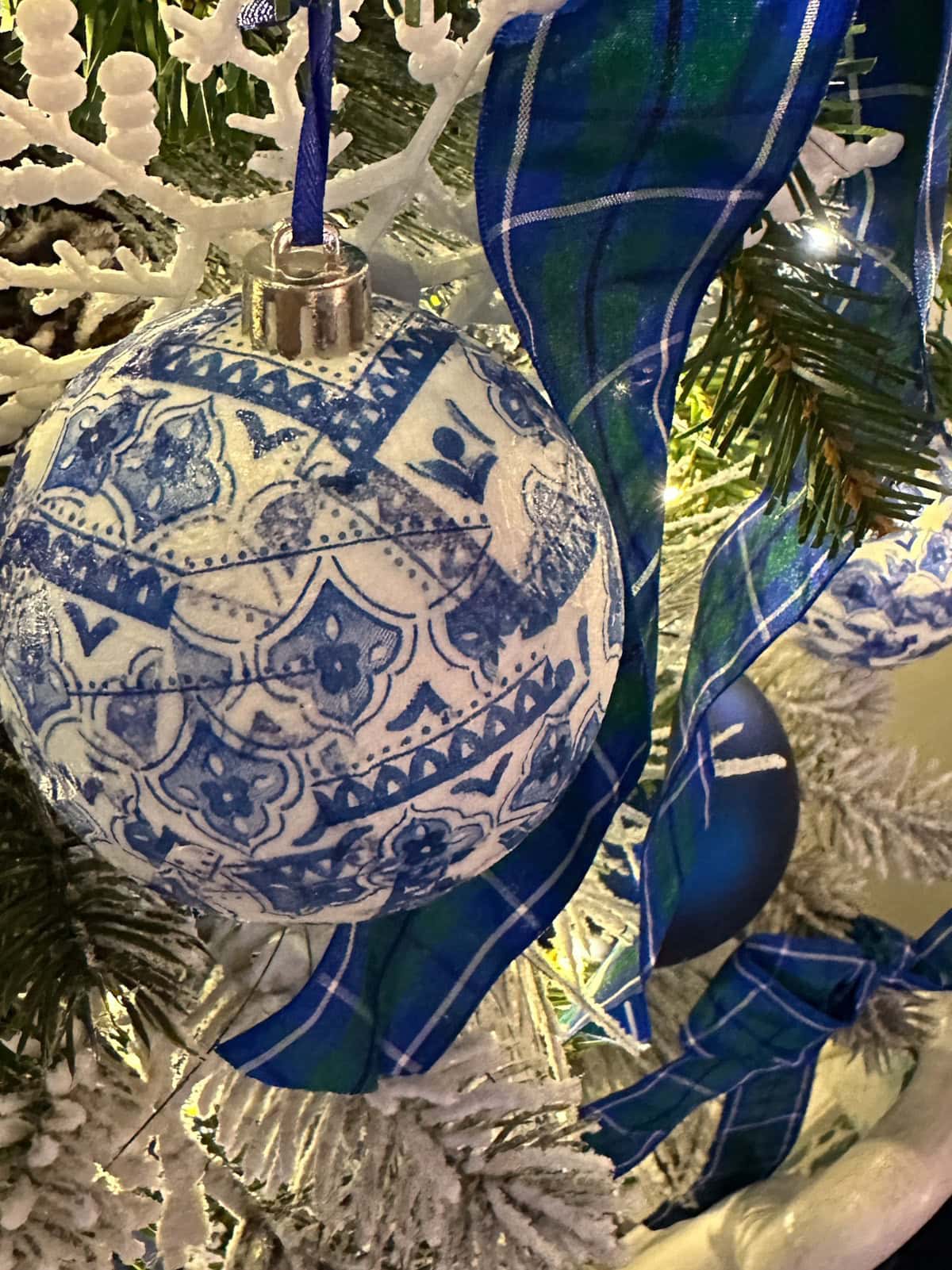 Blue and White Patterned Ornament with Plaid Ribbon — Vintage Christmas Decor