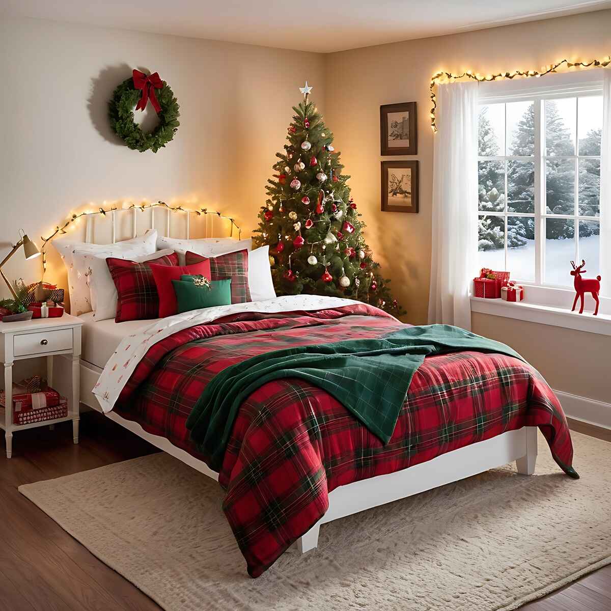 Classic Christmas Bedroom with White Headboard and Plaid Bedding — Christmas Fairy Lights Headboard
