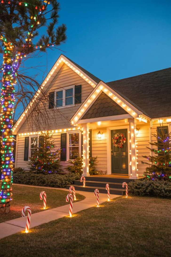 Festive House Outline and Pathway with Multicolor Lights Festive House Outline and Pathway with Multicolor Lights — Outdoor Christmas Lights