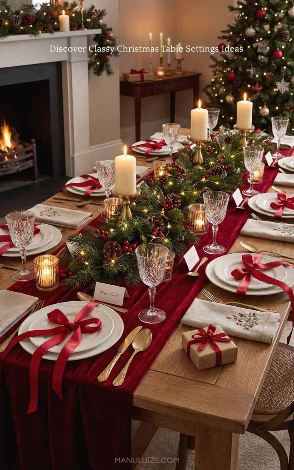 Formal Evergreen Garland and Candlelit Christmas Table — Christmas Table Setting