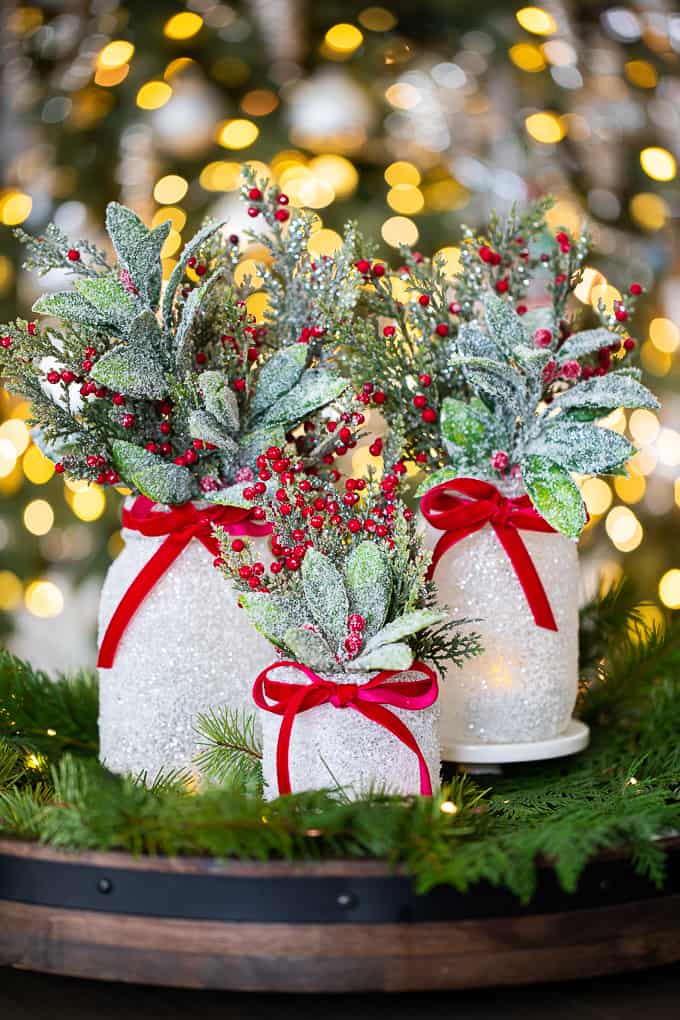 Rustic Glitter Glass Jar Christmas Centerpieces — Dollar Tree Christmas Decor