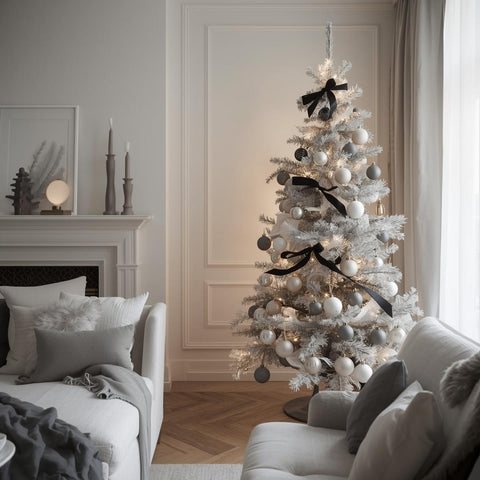 Monochromatic White Tree with Black and White Ornaments — Minimalist Christmas Tree