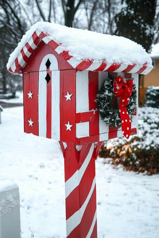 Whimsical Striped Mailbox with Festive Greenery and Snow — Christmas Mailbox Decor