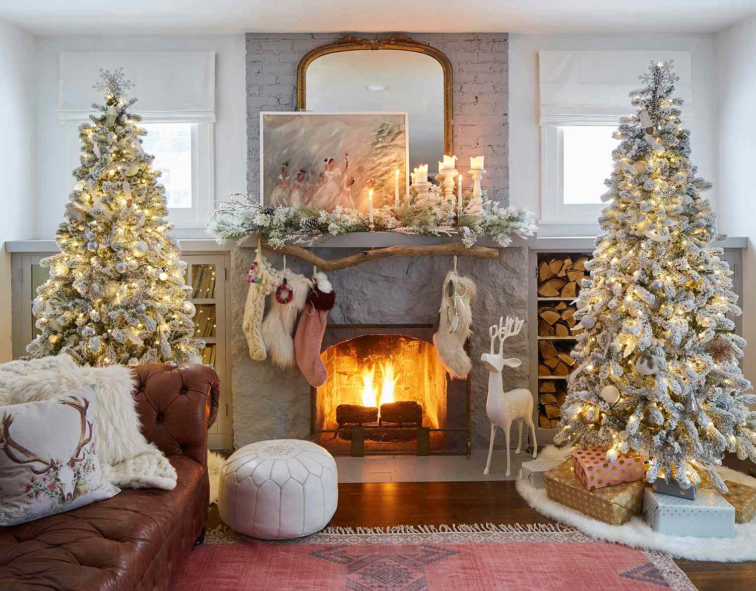 Symmetrical Flocked White Trees Flanking a Stone Fireplace Symmetrical Flocked White Trees Flanking a Stone Fireplace — White Christmas Tree Decor