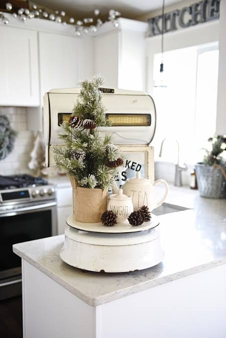 Farmhouse Kitchen Countertop with Miniature Christmas Tree — Farmhouse Christmas Kitchen