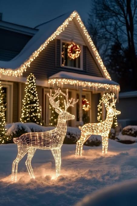 Enchanting Wire Reindeer and House Outline Lights Enchanting Wire Reindeer and House Outline Lights — Christmas Light Display Ideas