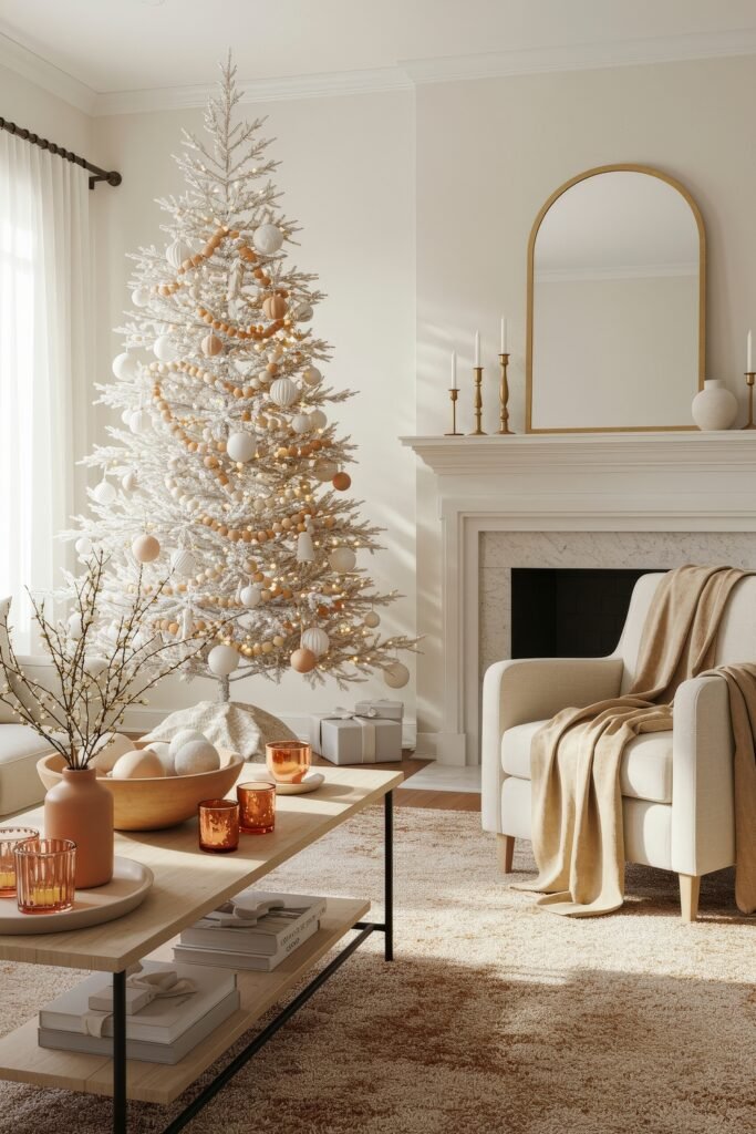 Modern living room featuring a white Christmas tree with gold garland Modern living room featuring a white Christmas tree with gold garland — Gold and White Christmas Tree