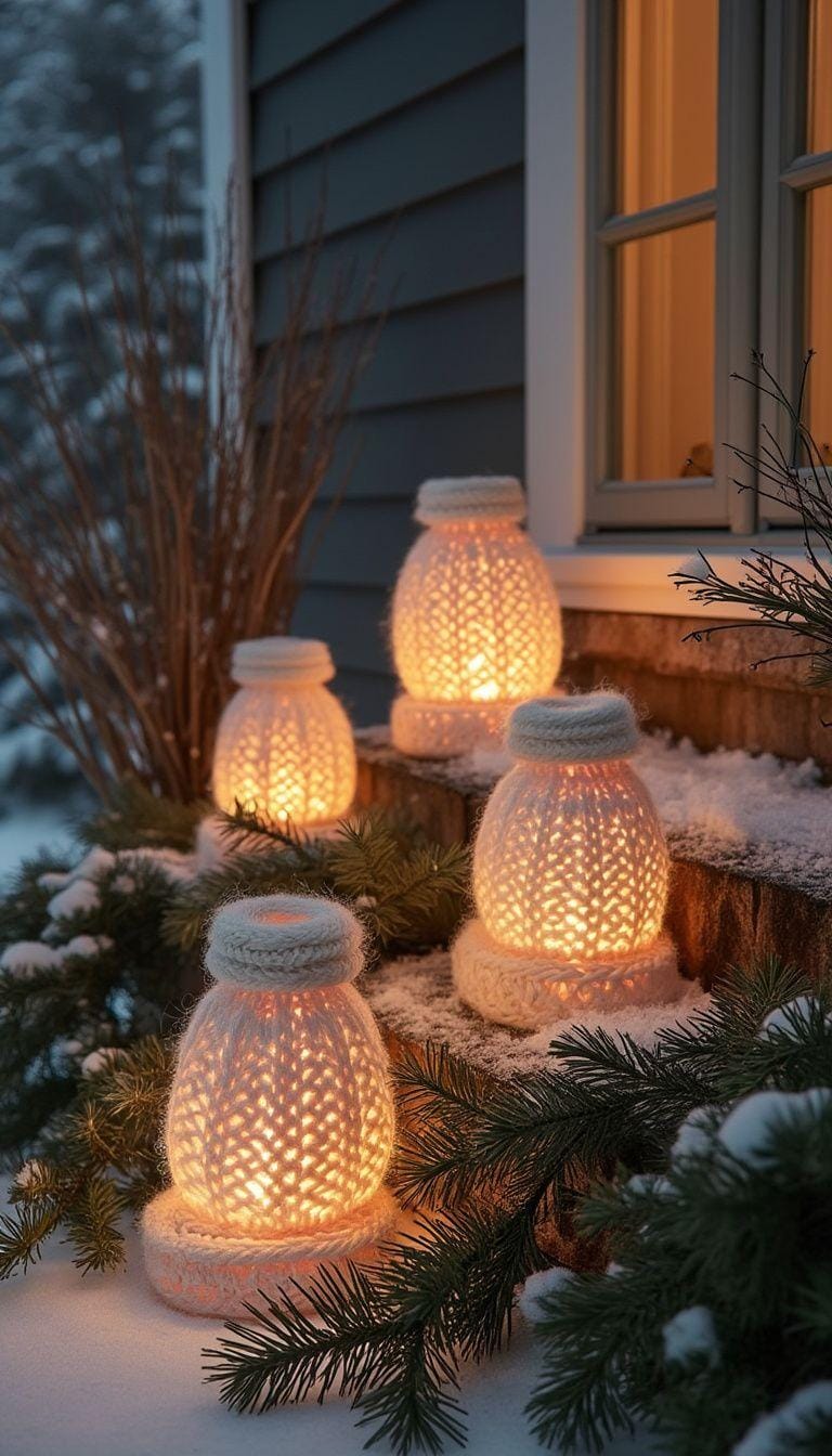 Cozy Knit Lanterns on Snowy Porch Steps with Soft Warm Glow — Christmas Porch Lanterns