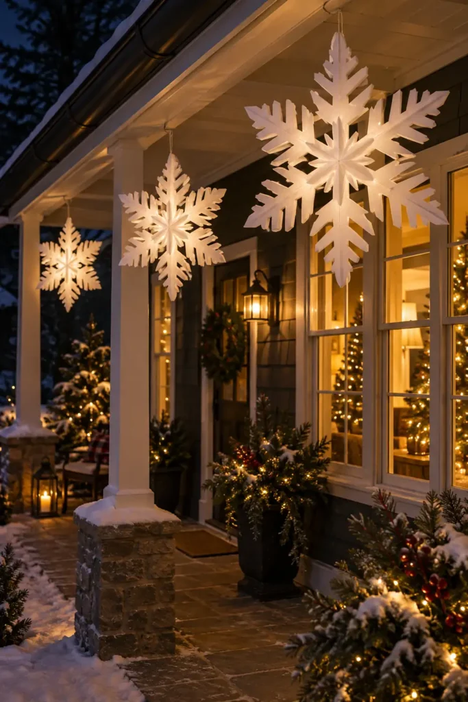 Illuminated Paper Snowflakes on a Winter Porch