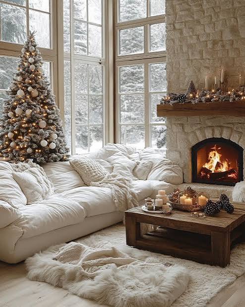 Plush White Sofa and Stone Fireplace for a Cozy Christmas Plush White Sofa and Stone Fireplace for a Cozy Christmas — Cozy Christmas Living Room