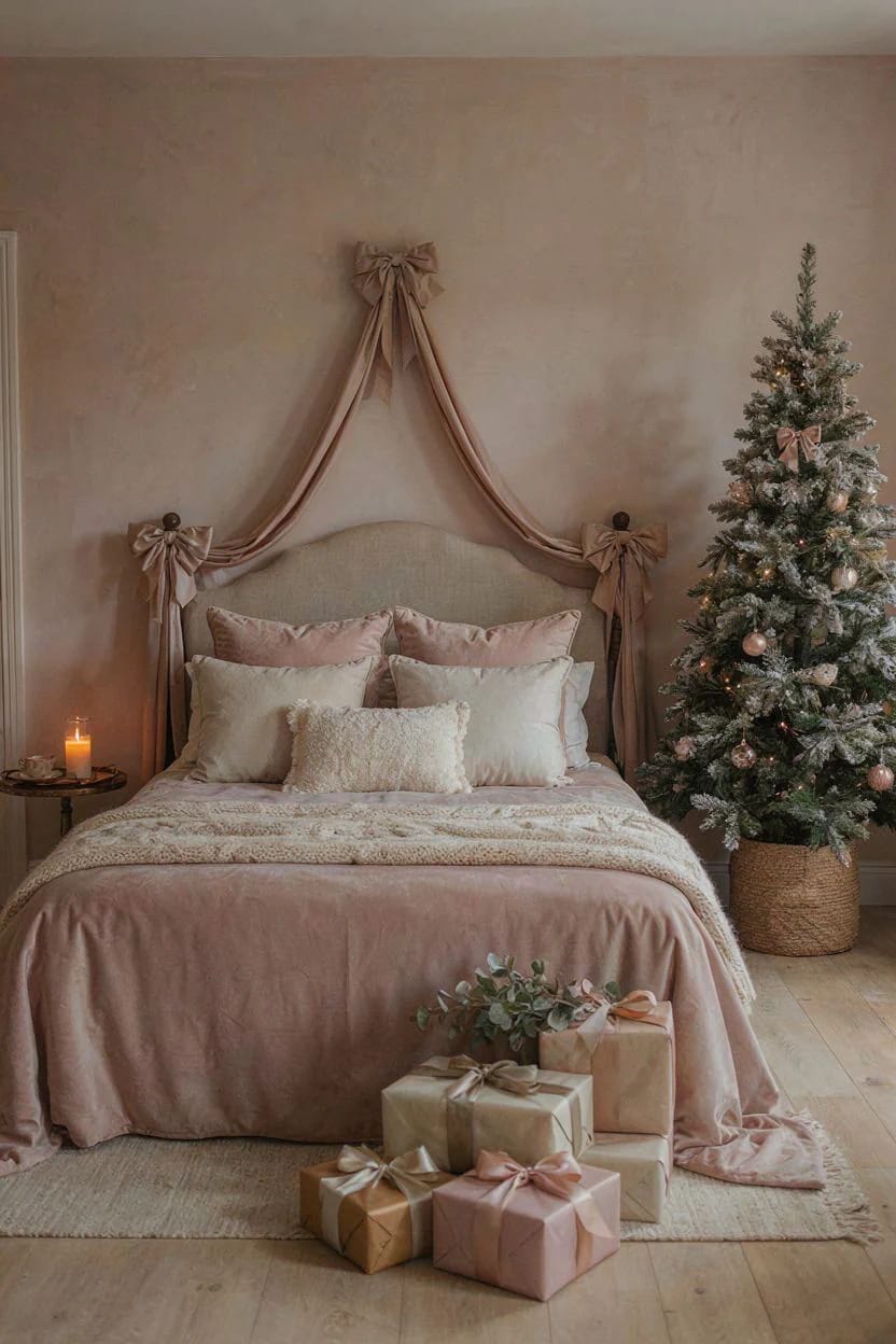 Cozy Bedroom Oasis with a Pink Velvet Bedspread and Flocked Christmas Tree Cozy Bedroom Oasis with a Pink Velvet Bedspread and Flocked Christmas Tree — Pink Christmas Decor