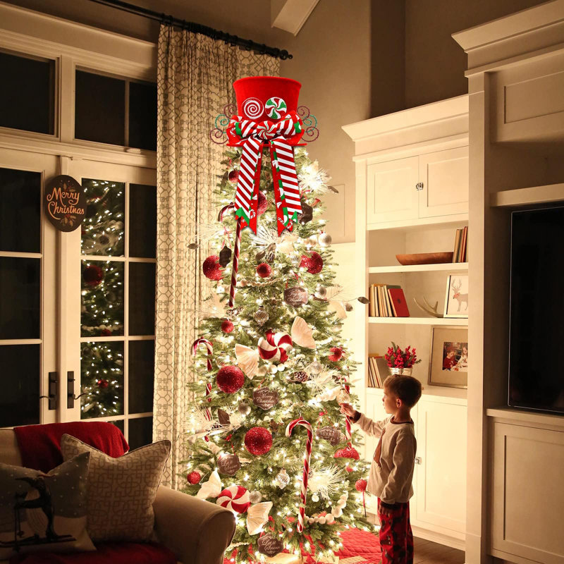 Tall Christmas Tree with Peppermint-Themed Topper and Ornaments — Candy Cane Christmas Tree