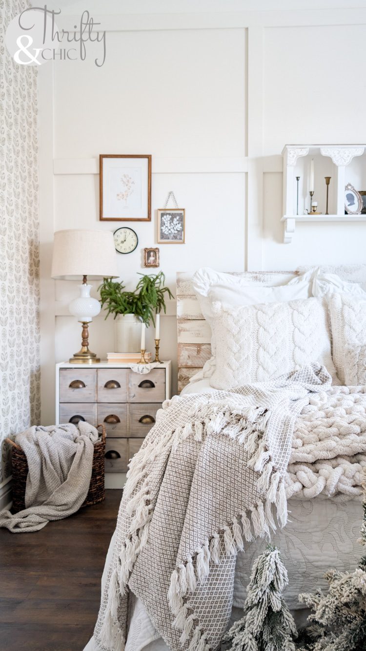 Cozy Cottage Bedroom with Cable Knit Throws and Greenery — Winter Decor After Christmas