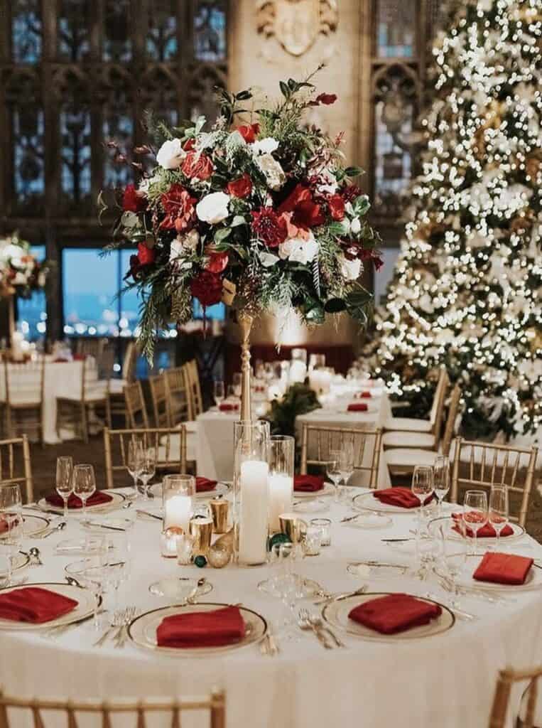 Grand Red and White Floral Centerpiece for a Classic Banquet Grand Red and White Floral Centerpiece for a Classic Banquet — Christmas Wedding Centerpiece