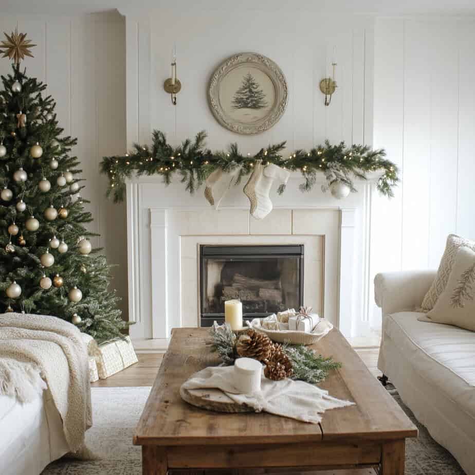 Festive Farmhouse Fireplace Mantel Adorned with Garland and Stockings Festive Farmhouse Fireplace Mantel Adorned with Garland and Stockings — Farmhouse Christmas Decor