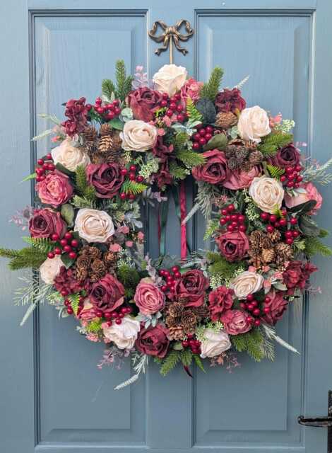 Lush Burgundy and Cream Rose Christmas Wreath on Teal Door Lush Burgundy and Cream Rose Christmas Wreath on Teal Door — Burgundy Christmas Decor