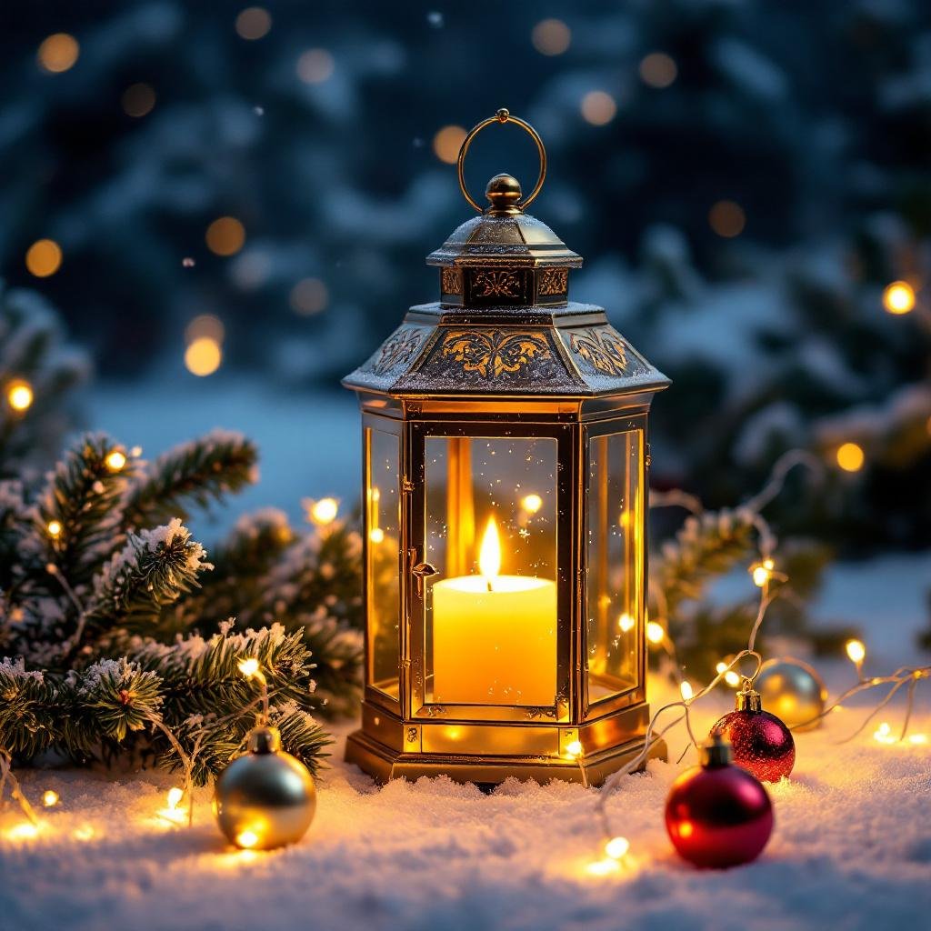 Magical Snow Scene with an Ornate Golden Lantern — Christmas Lantern Lights