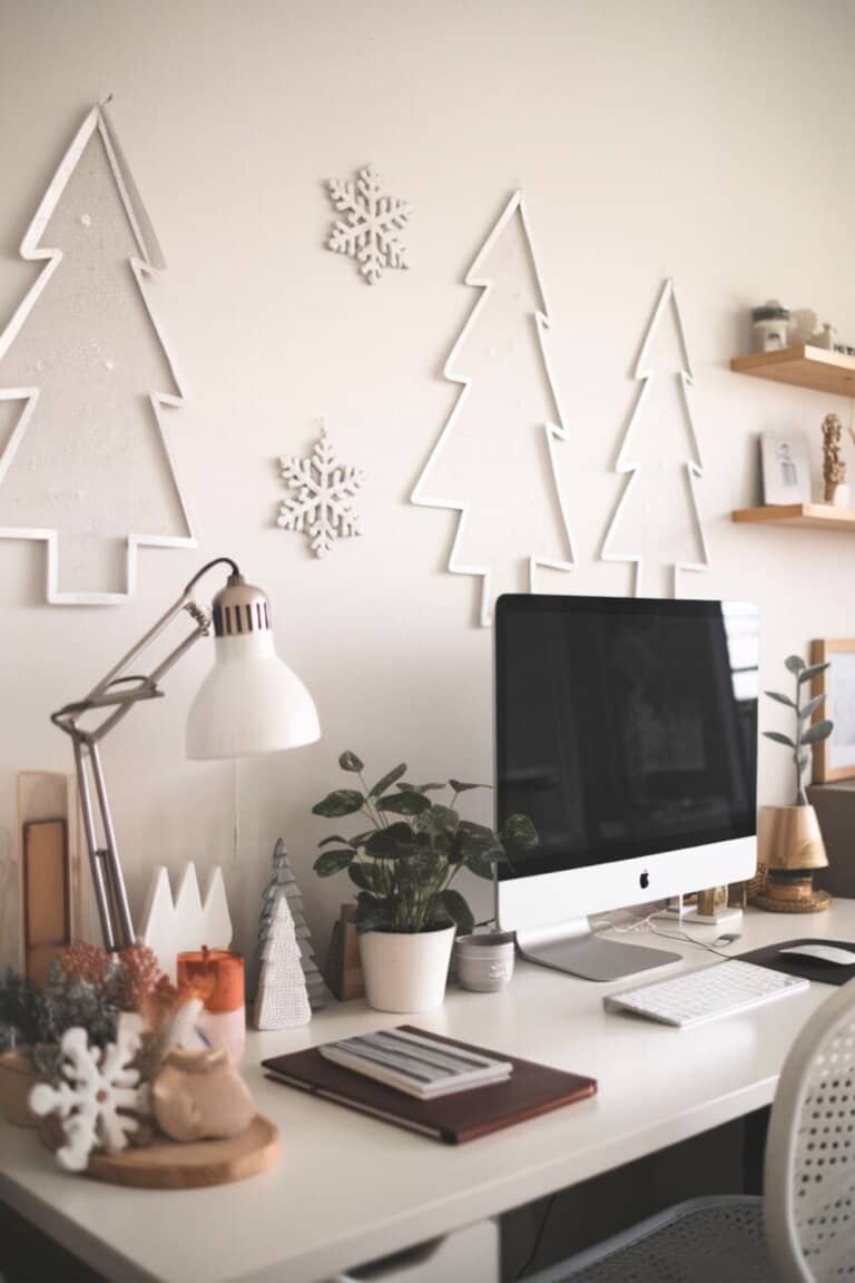 Modern Desk with White Tree Cutouts and Snowflakes Modern Desk with White Tree Cutouts and Snowflakes — Christmas Home Office Decor
