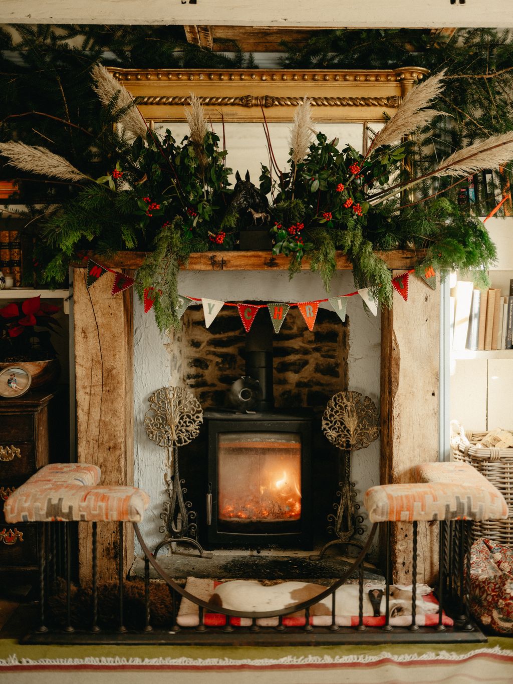 Rustic Bohemian Fireplace with Pampas Grass and Bunting Rustic Bohemian Fireplace with Pampas Grass and Bunting — Christmas Fireplace Decor
