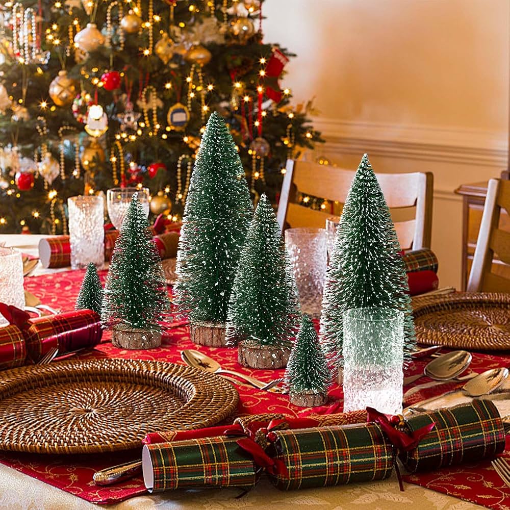 Traditional Vignette with Miniature Bottle Brush Trees — Tabletop Christmas Tree Decor
