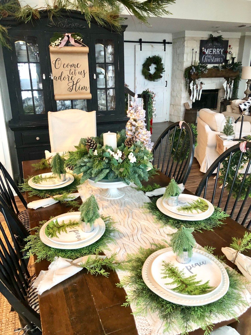 Rustic Farmhouse Overhead View with Mini Christmas Trees — Christmas Table Setting