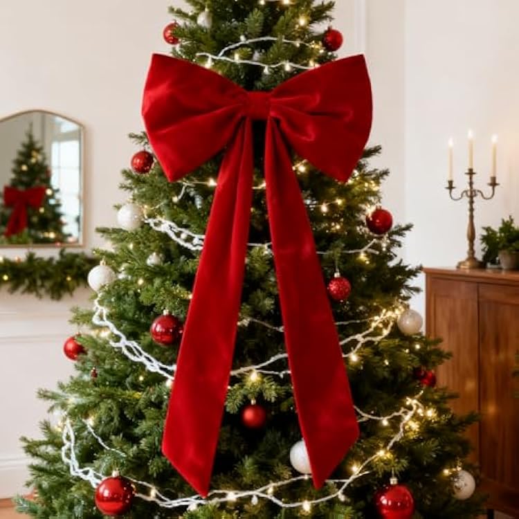 Oversized Plush Red Velvet Bow for a Traditional Tree — Bow Christmas Tree Topper