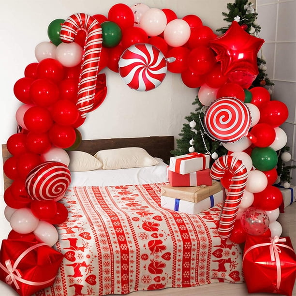 Festive Bedroom Balloon Arch with Candy Cane and Gifts — Christmas Balloon Garland