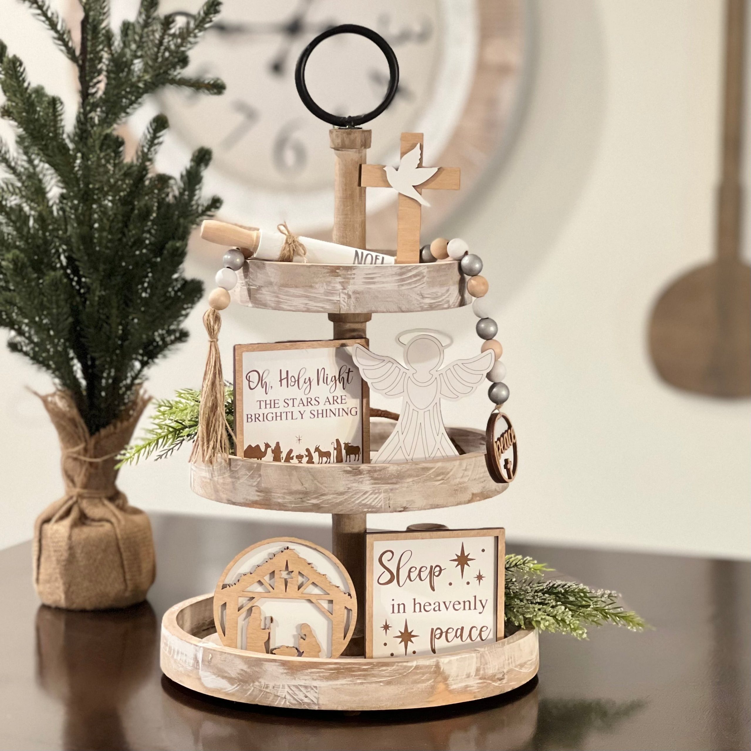 Rustic Tiered Tray with Neutral Palette and Nativity Scene — Christmas Tiered Tray