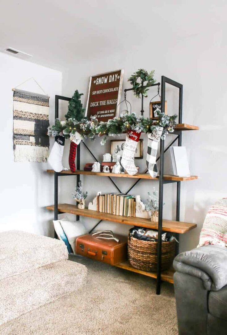 Industrial Shelving Unit with Plaid Stockings — Christmas Stockings Display