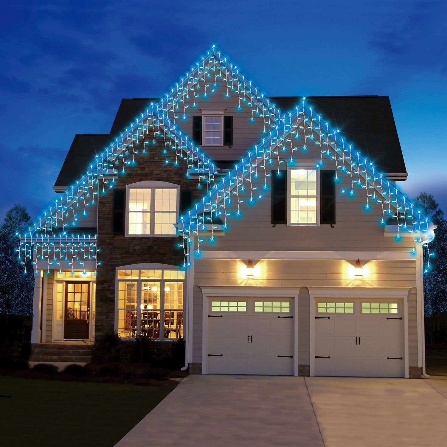 Vibrant Blue Icicle Lights on House Roof Peaks — Icicle Christmas Lights
