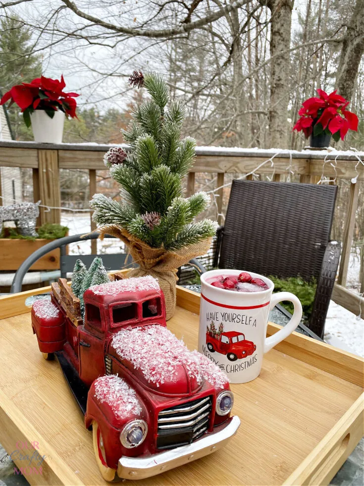 Festive Deck Vignette with Vintage Red Truck and Mini Tree Festive Deck Vignette with Vintage Red Truck and Mini Tree — Christmas Yard Decor