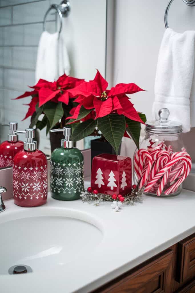 Festive Soap Dispensers and Poinsettias on Vanity — Christmas Bathroom Decor