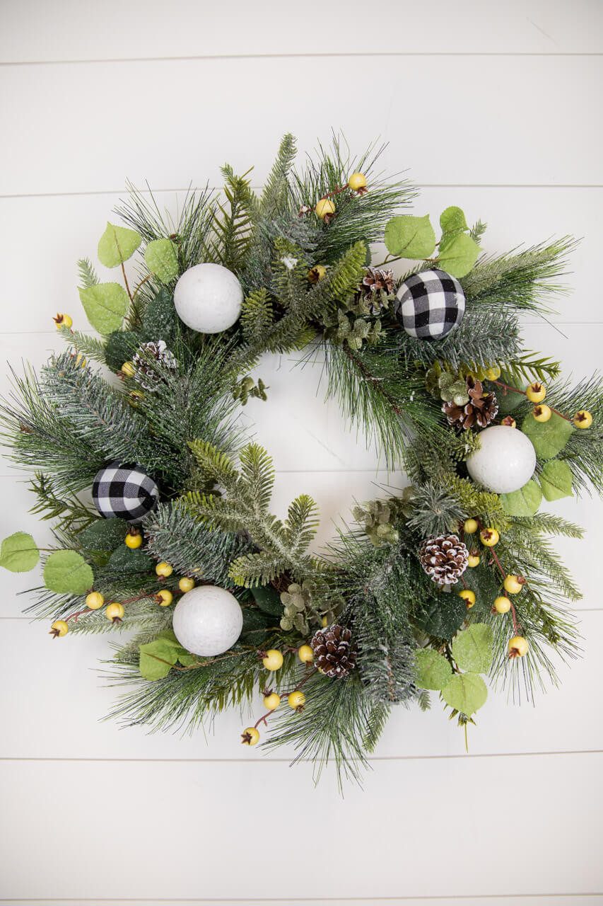Farmhouse Christmas Wreath with Buffalo Check Ornaments Farmhouse Christmas Wreath with Buffalo Check Ornaments — Ornament Wreath