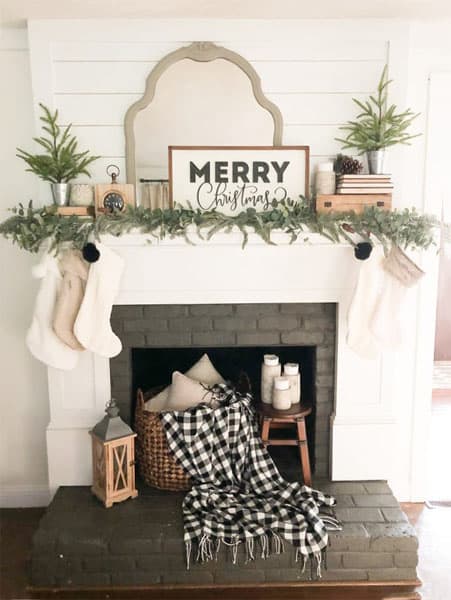 Farmhouse Mantel with Ornate Mirror and Plush Stockings Farmhouse Mantel with Ornate Mirror and Plush Stockings — Farmhouse Christmas Mantel
