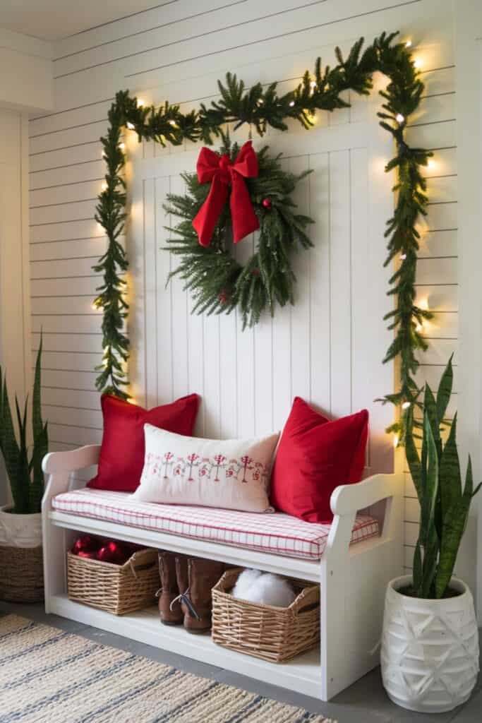Modern Farmhouse Entryway Bench with Festive Wreath Modern Farmhouse Entryway Bench with Festive Wreath — Christmas Entryway Decor