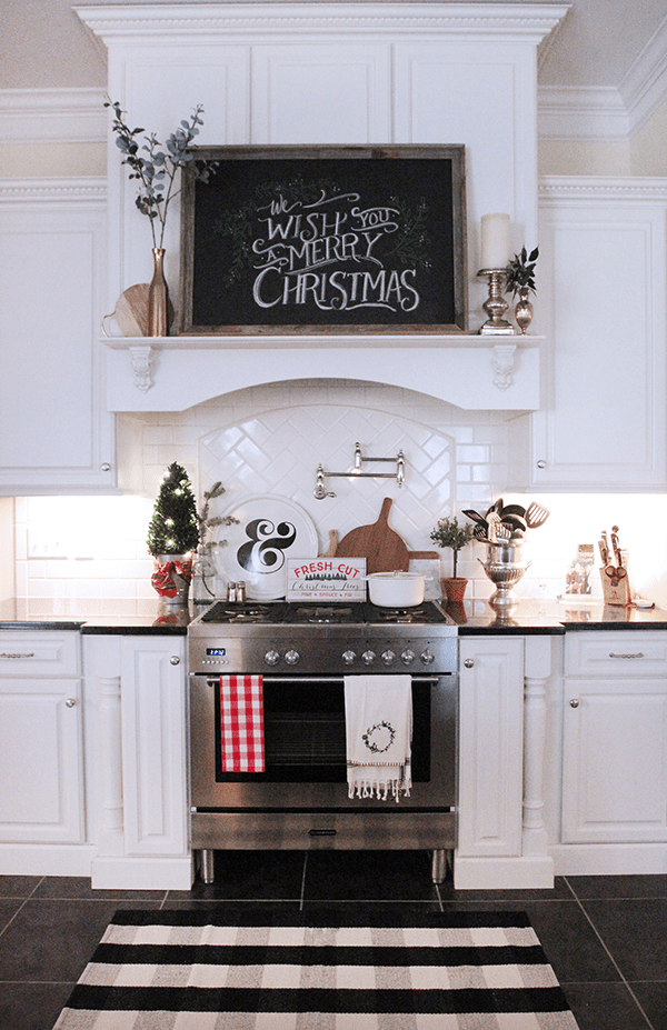 Farmhouse Kitchen Stove Area with Festive Chalkboard — Farmhouse Christmas Kitchen