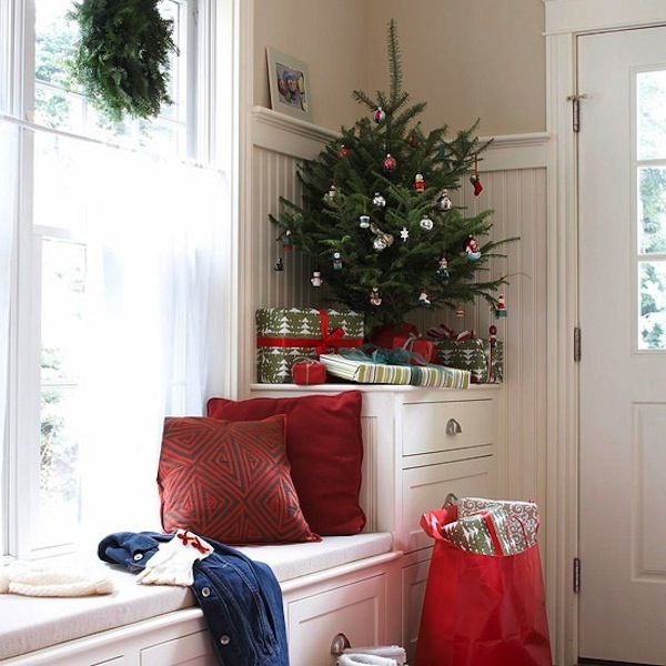 Corner Christmas Tree with Miniature Ornaments and Striped Gifts — Small Christmas Tree Decor