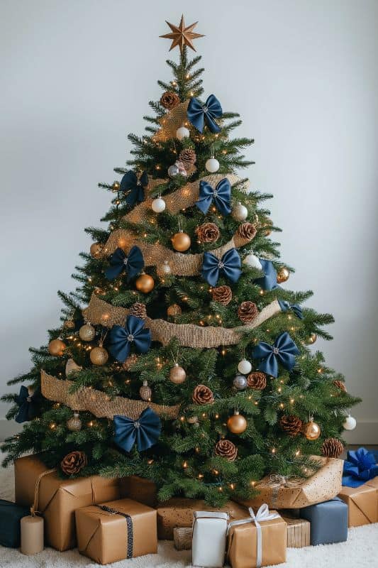 Rustic Christmas Tree with Large Blue Bows — Blue Christmas Decor
