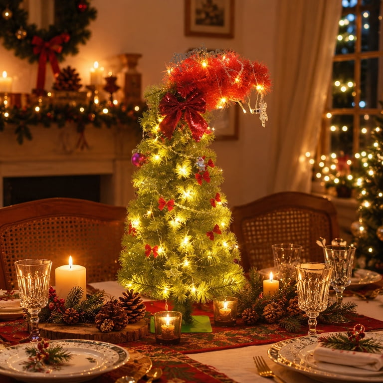 Bent Tinsel Christmas Tree as a Dining Table Centerpiece Bent Tinsel Christmas Tree as a Dining Table Centerpiece — Whimsical Christmas Decor