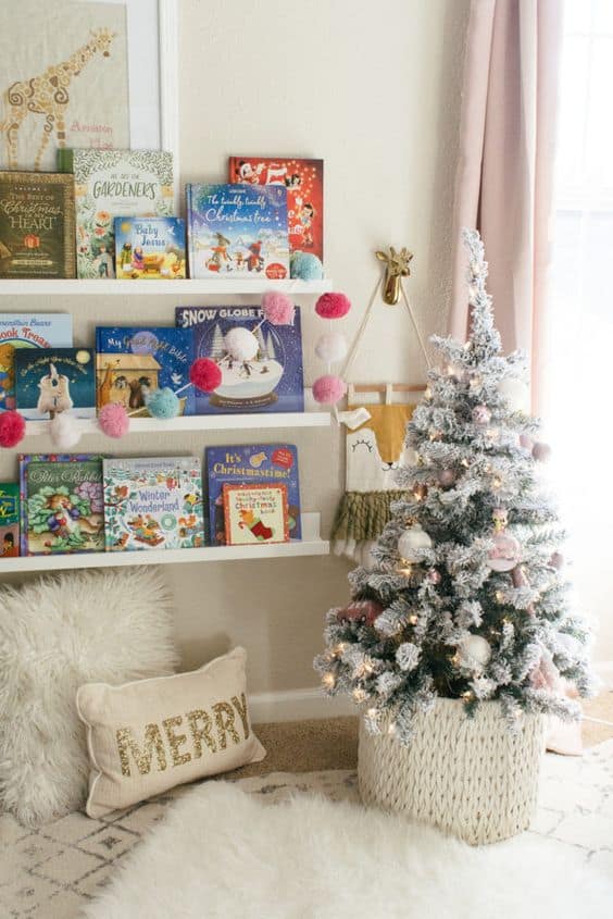 Flocked Christmas Tree with Pink Ornaments in a Knit Basket — Kids Bedroom Christmas Decor