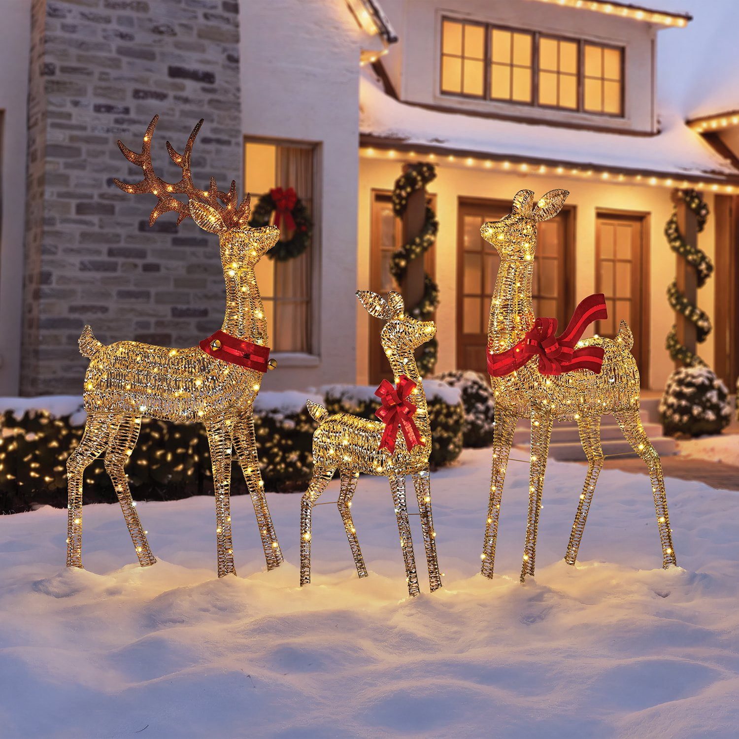 Whimsical Wire Reindeer Figures for a Snowy Yard Whimsical Wire Reindeer Figures for a Snowy Yard — Outdoor Christmas Lights