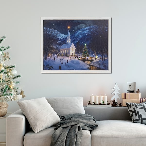 Framed Snowy Village Artwork Above Sofa — Christmas Wall Decor