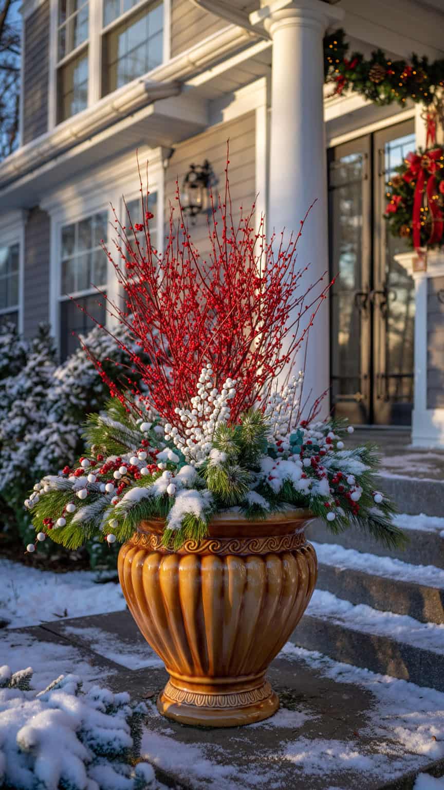 Ornate Ceramic Planter with Red Branches and Snow Accents Ornate Ceramic Planter with Red Branches and Snow Accents — Christmas Porch Planters