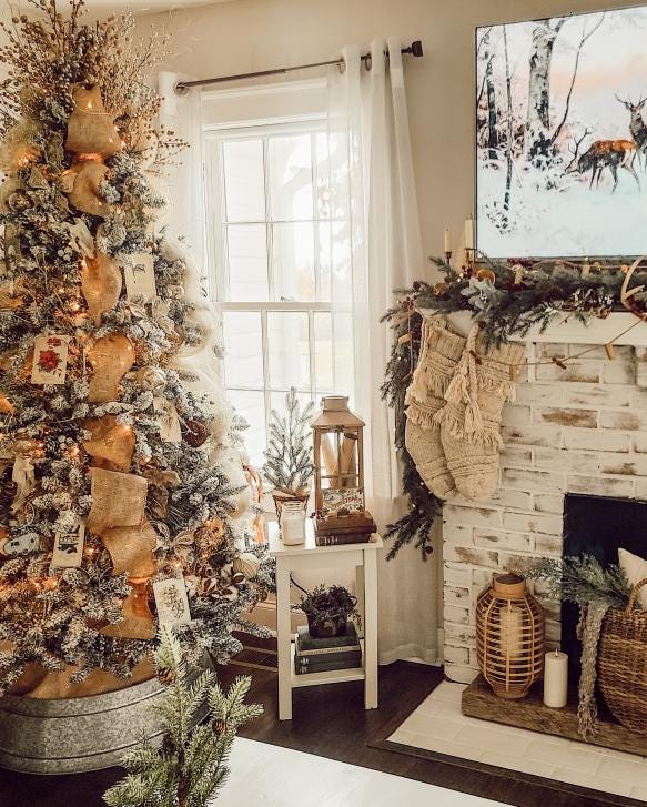 Flocked Tree and White Brick Fireplace with Knit Stockings — Rustic Christmas Decor