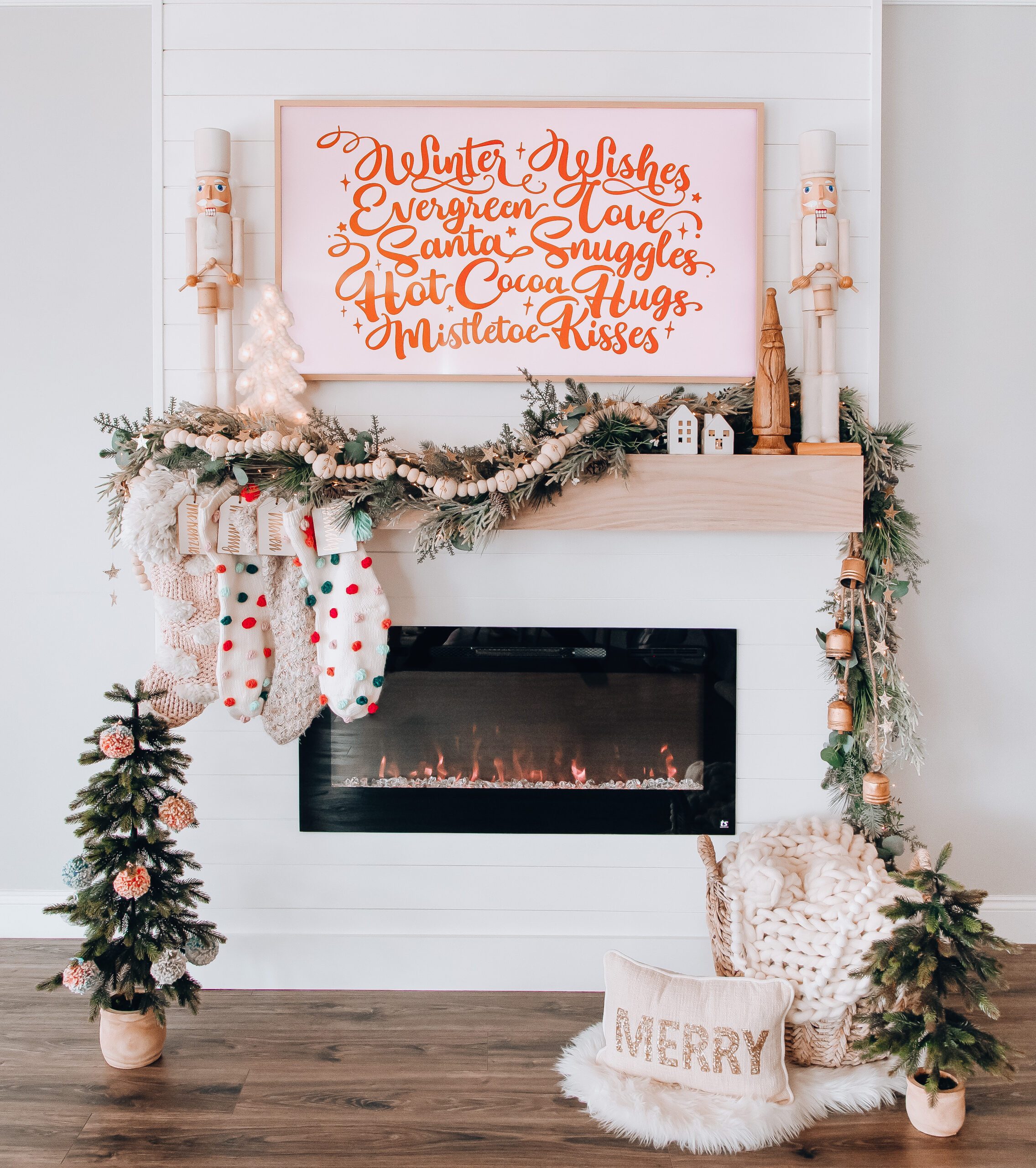 Eclectic Mantel with Playful Pink Text and Festive Elements — Christmas Mantel Decor