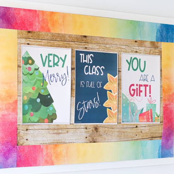 Festive Posters with Rainbow Watercolor Borders — Christmas Classroom Decor